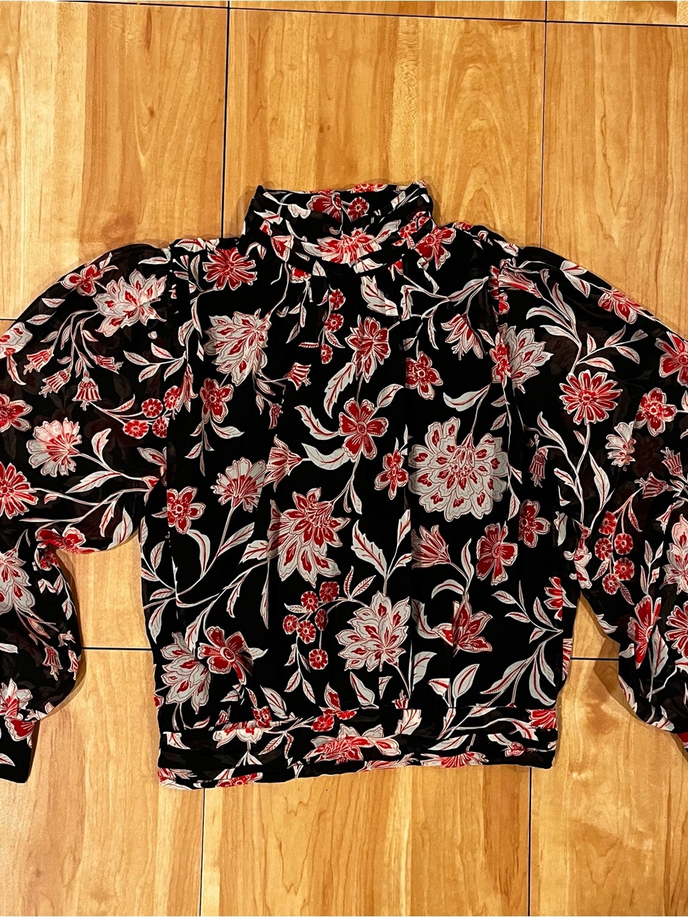 Ann Taylor Floral Blouse S Sheer Puff Sleeve Mock Neck Black Red - Picture 2 of 8